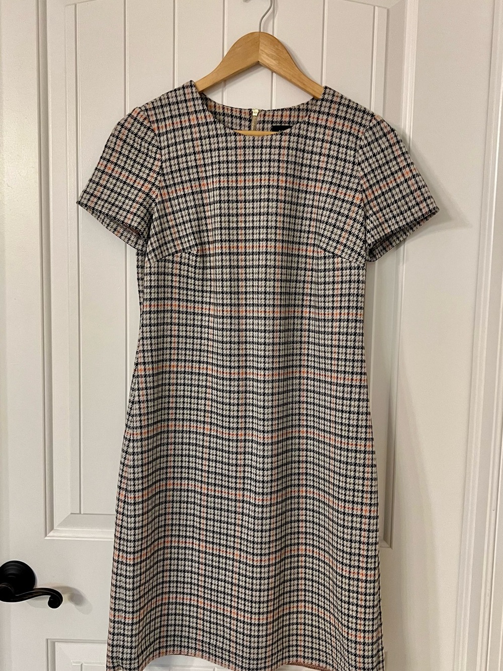 Andrew Marc Plaid Short-Sleeve Mini Dress in Cream, Black and Pink